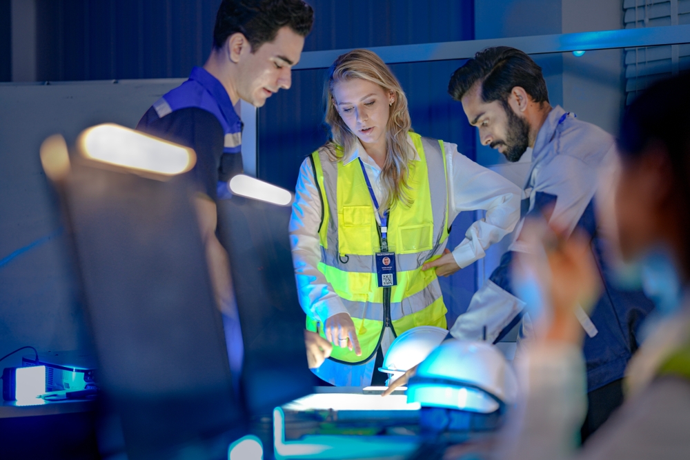 Engineers and production managers discussing workflows as part of Supply Chain Optimization in a modern manufacturing environment.