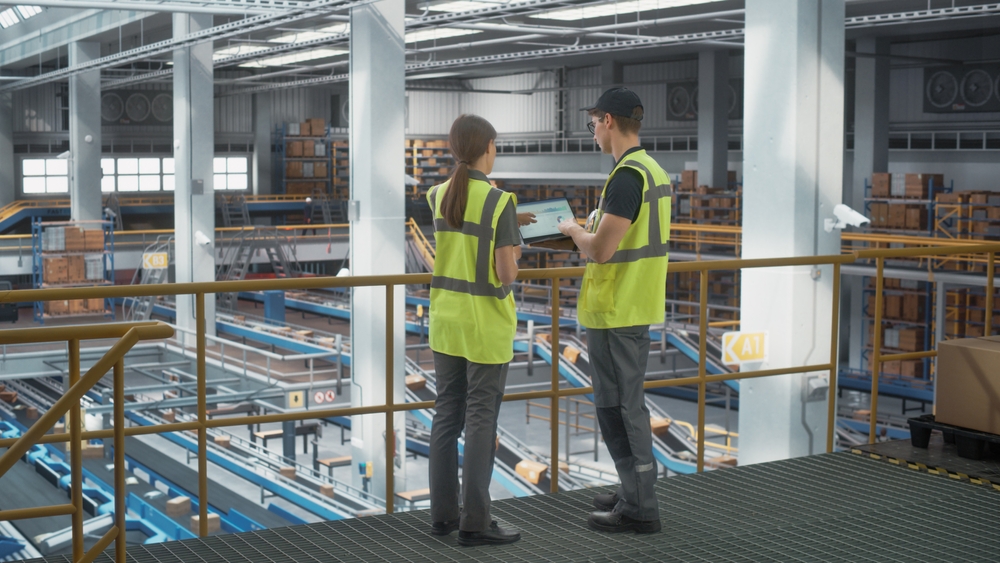 Logistics director and engineer discussing distribution centre layout options using logistics simulation results on a laptop
